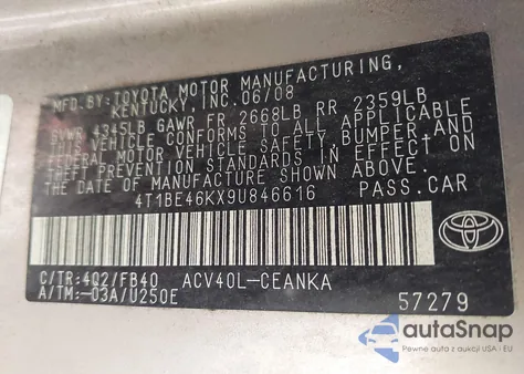 2009 Toyota Camry Le z USA, uszkodzony, nr VIN 4T1BE46KX9U846616